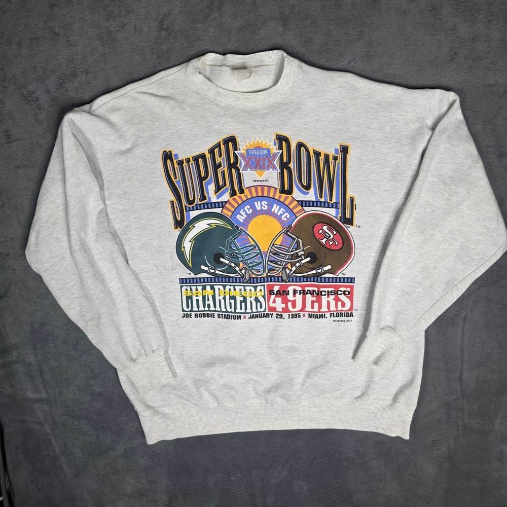 Vintage 1995 Super Bowl XXIX Sweatshirt Chargers vs 49ers Gray Mens L